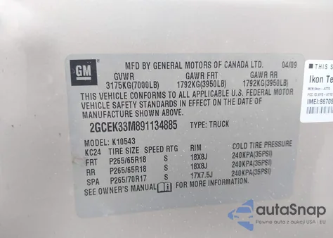 2009 Chevrolet Silverado 1500 Ltz z USA, uszkodzony, nr VIN 2GCEK33M891134885